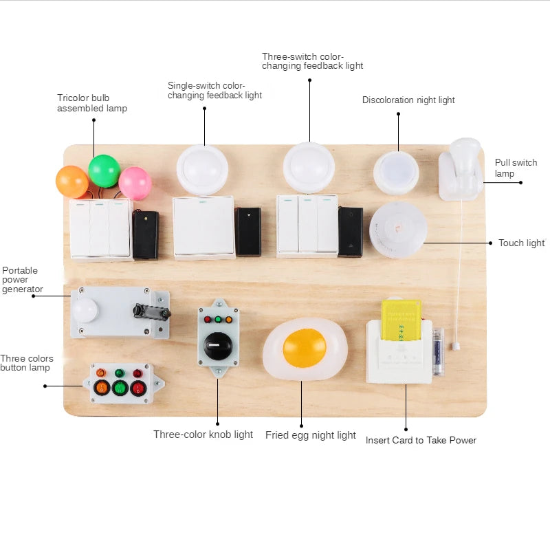 Busyboard DIY Accessories Tricolour Electric Bulb Light Switch Button Key Racket Hand-Cranking Montessori Busy Board Materials