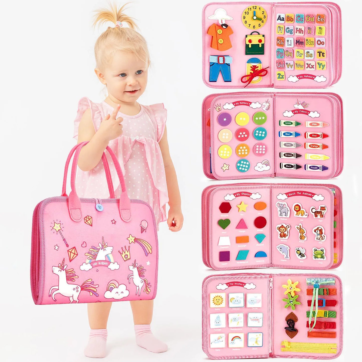 Busy Board Montessori Toy Educational Activity Developing Sensory Board Travel Toys With Zippers, Buttons & Laces for Kids Gift