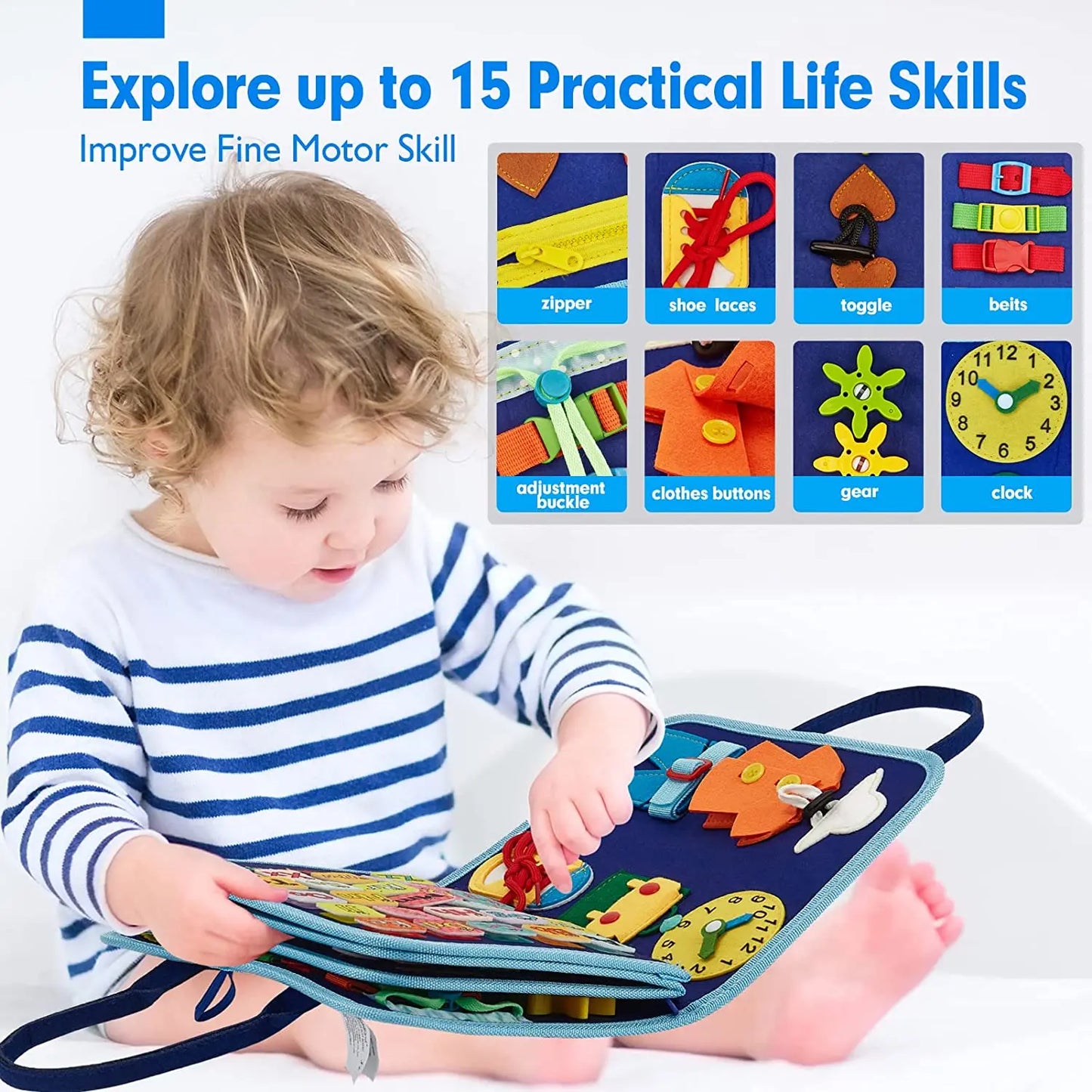 Busy Board Montessori Toy Educational Activity Developing Sensory Board Travel Toys With Zippers, Buttons & Laces for Kids Gift