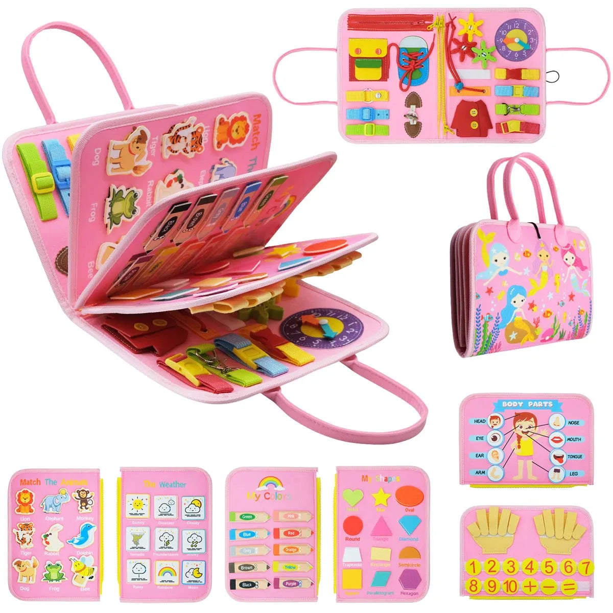 Busy Board Montessori Toy Educational Activity Developing Sensory Board Travel Toys With Zippers, Buttons & Laces for Kids Gift