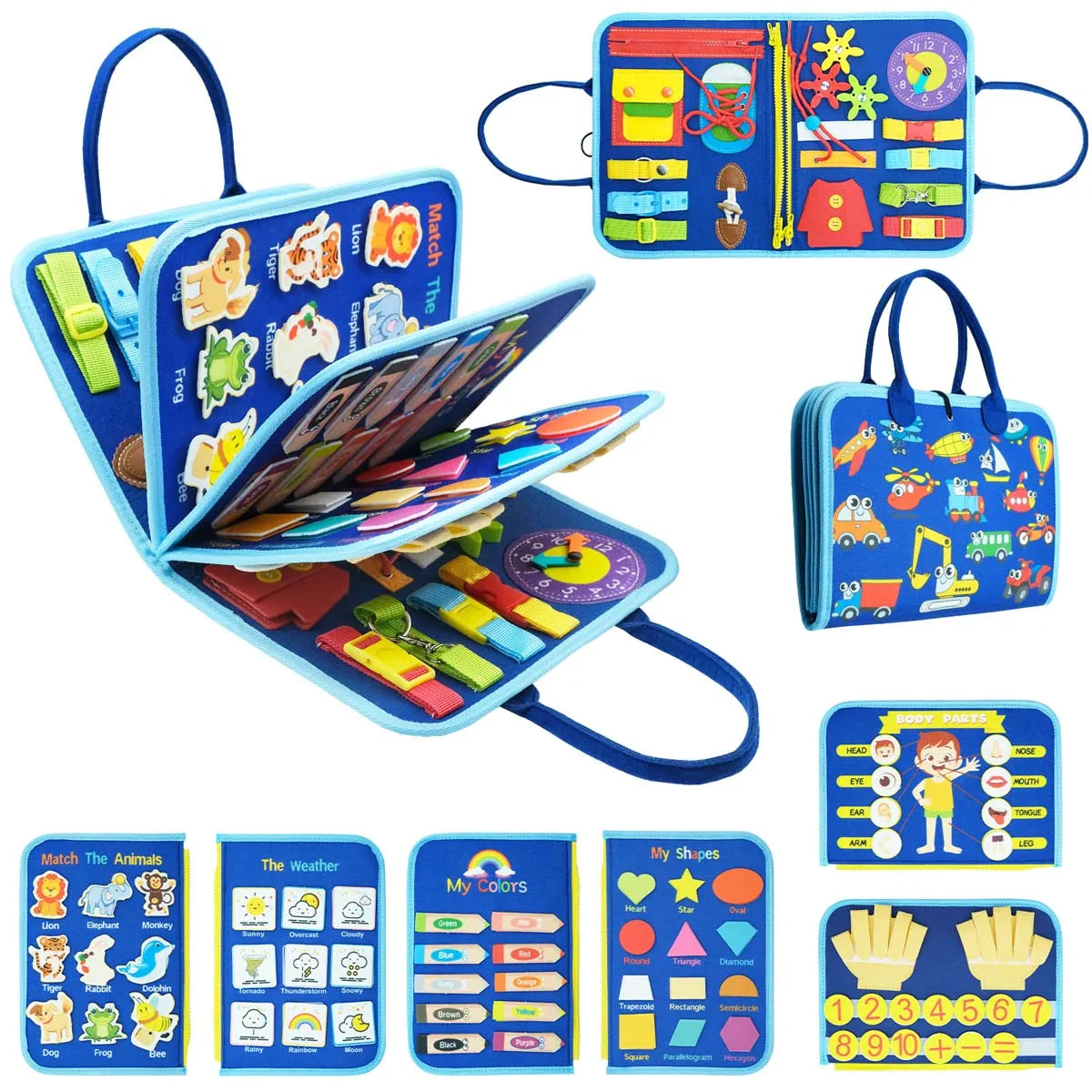 Busy Board Montessori Toy Educational Activity Developing Sensory Board Travel Toys With Zippers, Buttons & Laces for Kids Gift